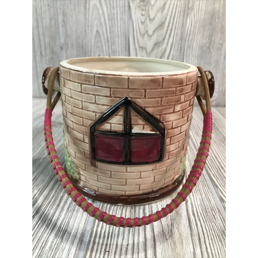 VTG Ceramic Cottage House Cookie Jar Biscuit Barrel Wicker Handle Hand Painted